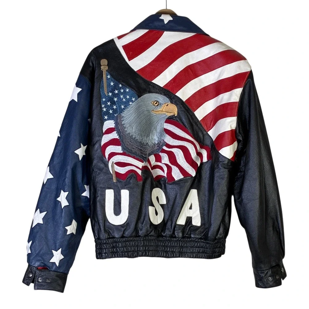Vintage Leather Works by Lucky Leather American Flag Bomber Jacket Mens XL